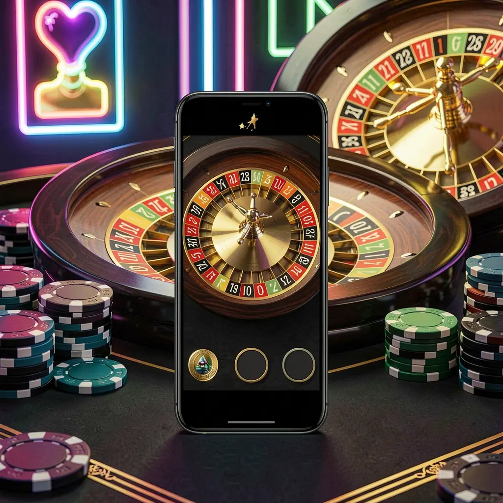 Mobile casino application scene featuring a phone in the center with a roulette wheel and poker chips in the background, illuminated by glowing neon lights in a premium black and gold style, showcasing the 520BD brand
