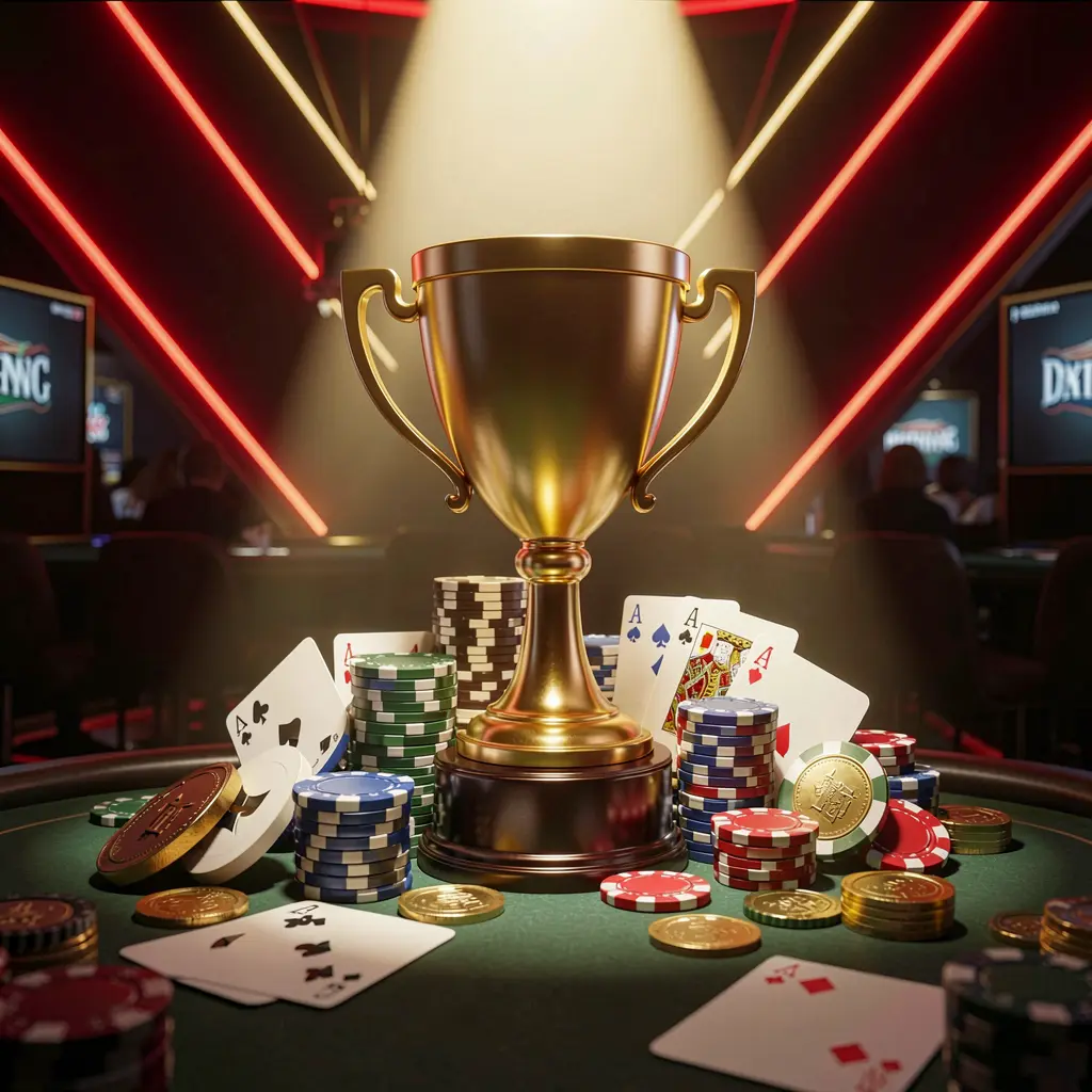 520BD casino tournament bonus concept featuring a golden trophy surrounded by poker chips, playing cards, and coins under a bright spotlight in a competitive luxury casino atmosphere with dark background and red and gold neon accents