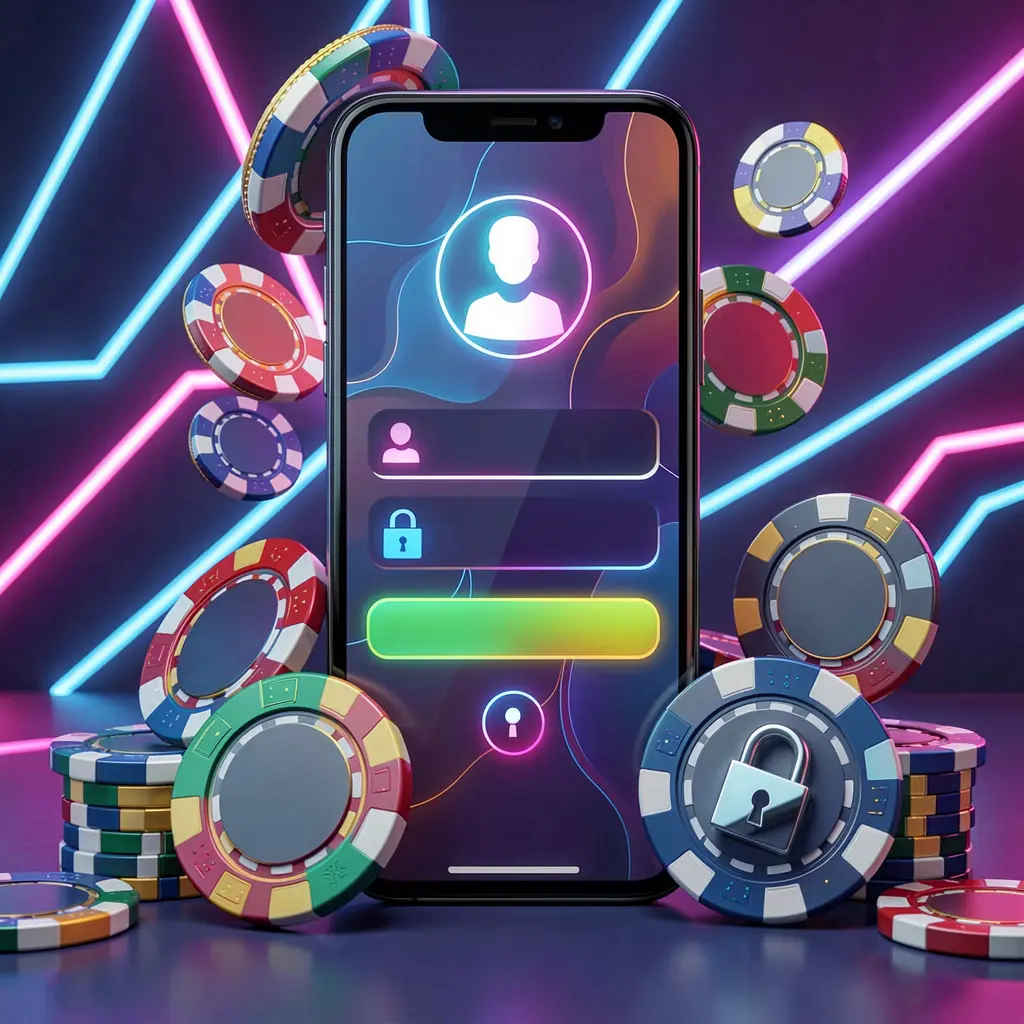 520BD mobile gaming login page concept on a smartphone with abstract user and lock icons, surrounded by casino chips and coins under luxury neon lighting