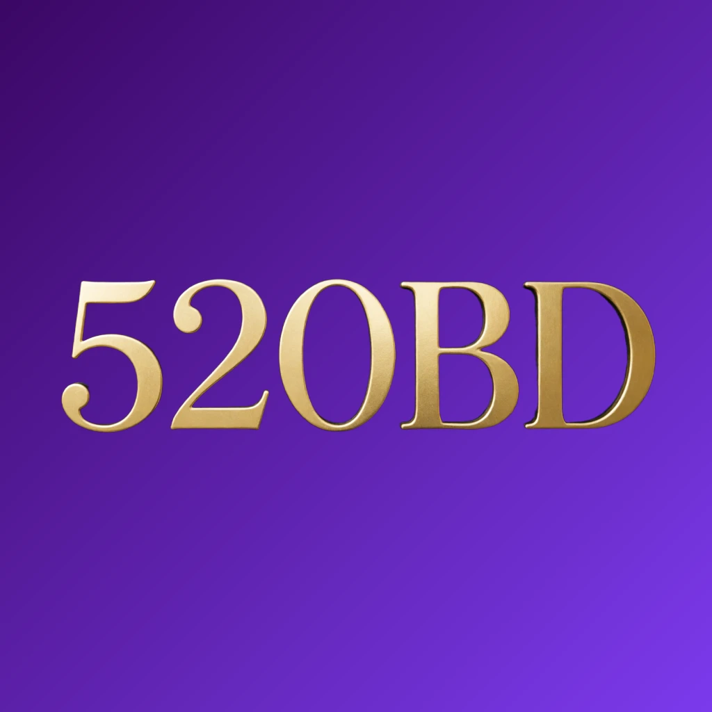 Luxury 520BD logo in gold and black with elegant serif typography and minimal ornament details on a transparent background, designed as a horizontal rectangular wordmark for a website header