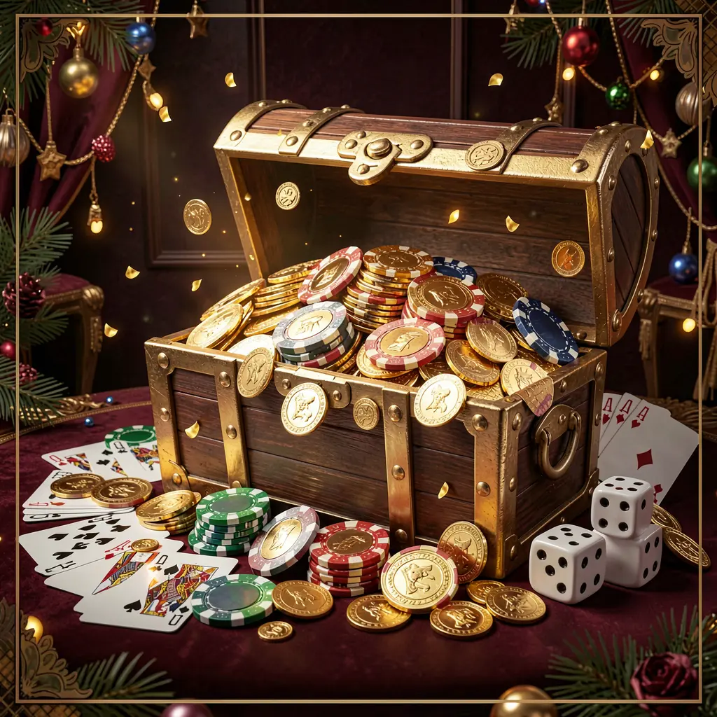 520BD online casino welcome banner featuring a treasure chest filled with golden coins and casino chips, playing cards and dice nearby against a dark luxury background with a festive premium atmosphere